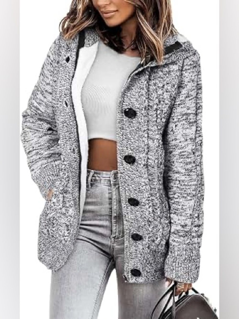 Cozy Cable Knit Hooded & Hidden High Neck Faux Fur Lined Cardigan Sweater Gray S